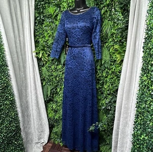 Nox Lace Maxi Dress Blue Medium Evening Gown Formal Party Rhinestone Trim 2598 - Picture 1 of 6