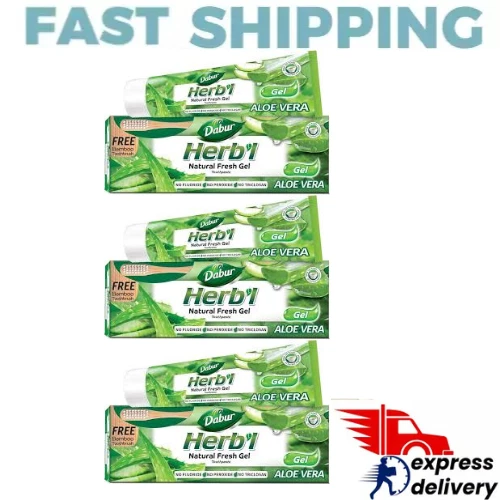 3X Dabur Herbal Natural Fresh Gel Toothpaste Aloe Vera 150gm Toothbrush Free - image 1 of 1