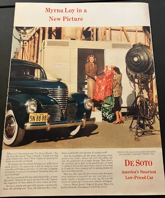Azul 1939 DeSoto y Myrna Loy - Anuncio impreso vintage / Arte de pared de garaje - LIMPIO Foto 1 de 4