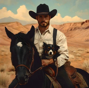 Western Kunst Cowboy Pferd Hunde Bild Wohndeko Wandbild Leinwandbild Gemälde - Bild 1 von 6