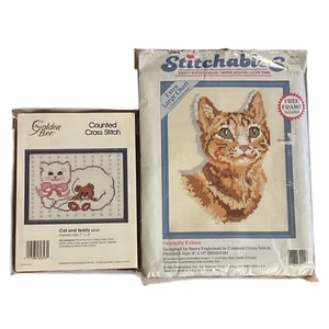 Kits de punto de cruz para gatos enmarcados costurables amigables felino y oso dorado gato/Tedd - Imagen 1 de 8
