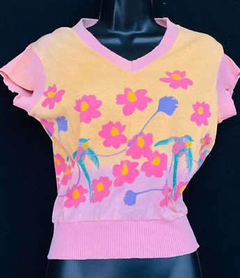 Camisa crop top vintage años 70 rosa pájaros, estampado floral novedad verano amarillo Foto 1 de 4