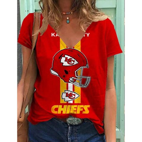 Kansas City Chiefs Women's V Neck T Shirt Casual Loose Short Sleeve Tee Tops Cover