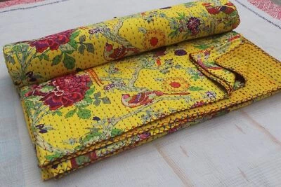 Floral Print King Cotton Kantha Quilt Throw Blanket Bedspread Indian Handmade - Image 1 of 4