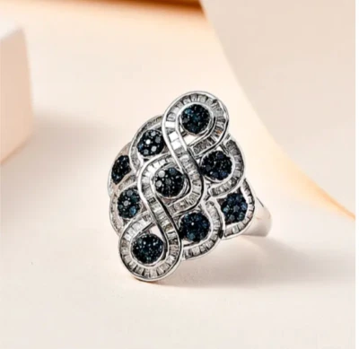Blue & White Diamond 925 Sterling Silver "Cocktail Cluster" Ring.  2.00 Carats. - Image 1 of 4