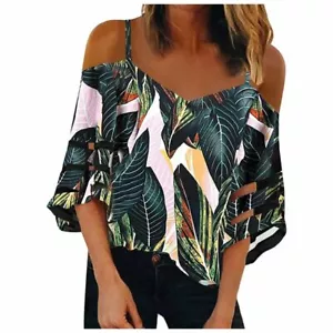Women V Neck Mesh Panel Blouse 3/4 Bell Sleeve Loose Top Shirt Cold-shoulder #M - Picture 1 of 4