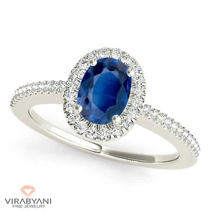 1.00 ct. Genuine Blue Oval Sapphire Ring With 0.20 ctw. Diamond 18K White Gold - Picture 1 of 8