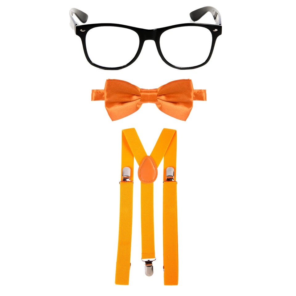 Geek Nerd Bowtie Fancy Dress Costume w/ Glasses + Bow Tie + Braces - Orange - Image 1 of 1