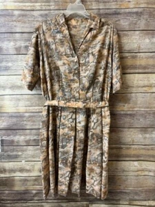 Vintage 1960s Short Sleeve Tan & Black Print Dress With Belt 16 - Picture 1 of 5