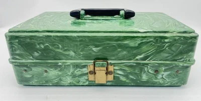 Caja de aparejos vintage años 50 Plano Molding Co Pete Henning 4 bandejas verde jaspeado LIMPIO Foto 1 de 4