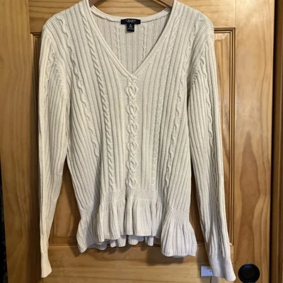 Chaps 电缆针织面霜 V 领毛衣 XL 码 100% 棉荷叶边下摆 — 第 1/3 张图片