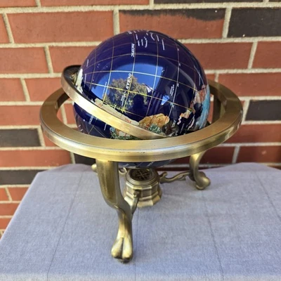 Arte único desde 1996 14" de alto azul lapislázuli océano piedras preciosas globo con trípode dorado Foto 1 de 4