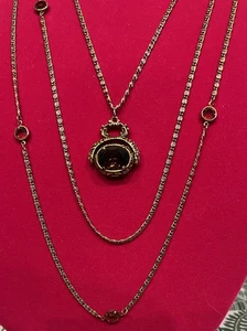 Three Strand Vintage Goldette Necklace w Rotating Pendant Faux Amber Gemstones - Picture 1 of 7