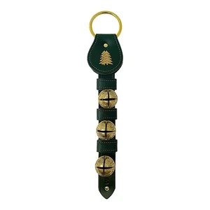 Double Pine Charm Green Leather Strap Sleigh Bell Door Hanger Made  USA 15 Inch - Picture 1 of 7