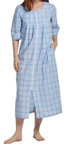 Miss Elaine Women's 3/4-Sleeve Plaid Zip Seersucker Robe Navy Turquoise Plaid XL - Picture 1 of 5