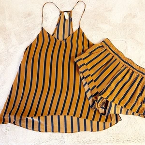 MAISON DU SOIR Seiden Pyjama Set braun und marine gestreift Größe XS - Bild 1 von 6