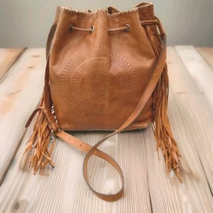 Patricia Nash Embossed 100% Italian Leather Fringe Bucket Crossbody Bag Brown - Picture 1 of 14