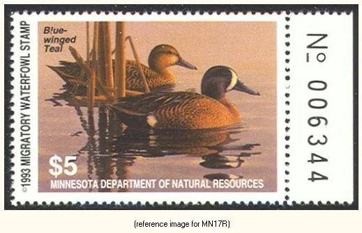 HALFPRICEDUCK Minnesota Duck Stamp 1993 $5.00 w/rt # tab - Image 1 of 1