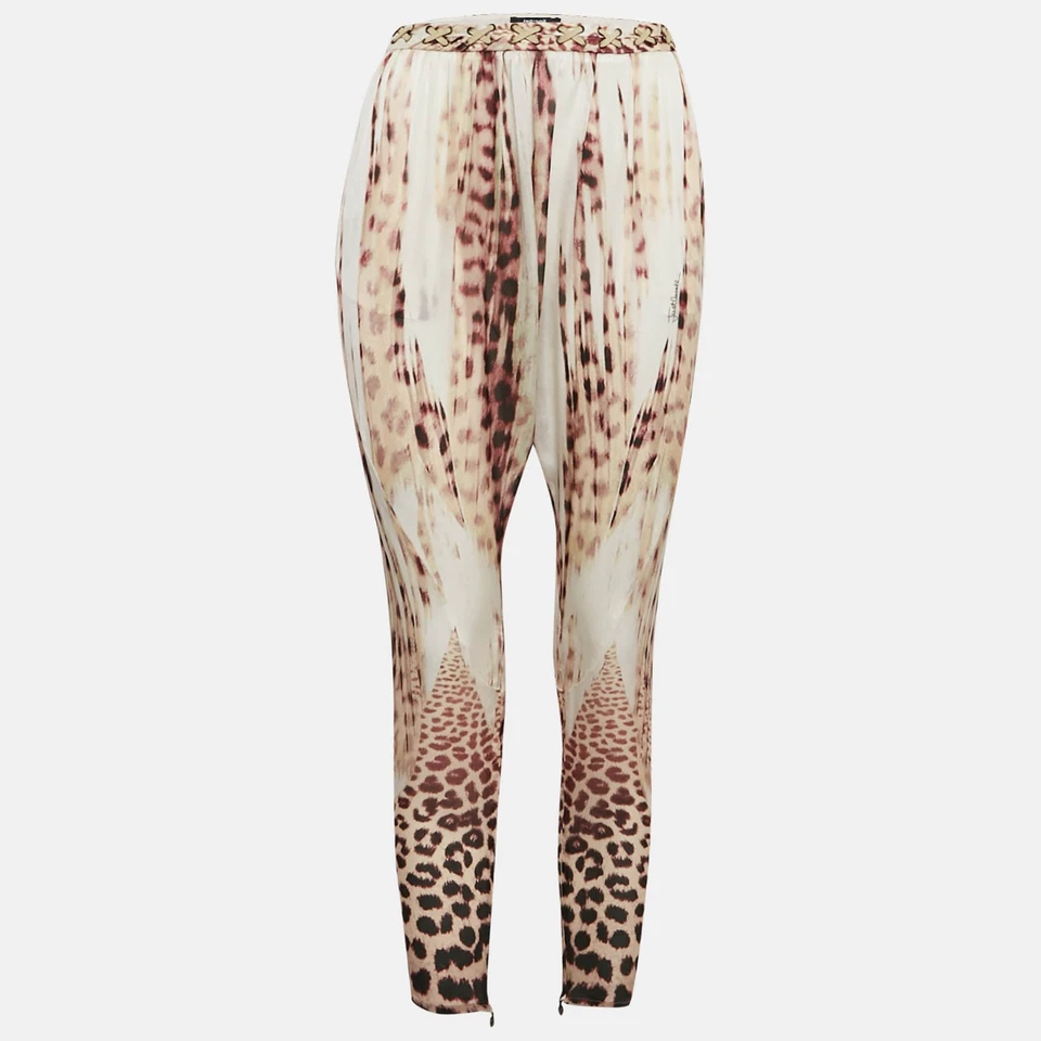 Calça Just Cavalli multicolorida estampa de leopardo detalhe de cintura de seda P - Imagem 1 de 4