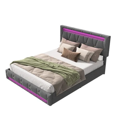 Polsterbett Doppelbett 140x200cm Leinen mit LED Bettgestell 4 Schubladenbett - Bild 1 von 4