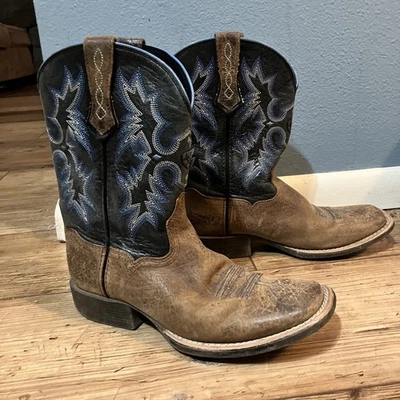 ARIAT Tombstone Botas Occidentales Niños 8.5 Marrón Azul Puntada Zapatos Suave Puntera Cuadrada Foto 1 de 4