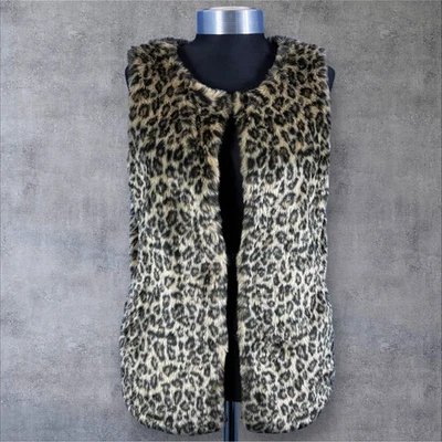 Faux Fur Leopard Print Vest Sleeveless Cardigan Jacket Women's Medium - Image 1 of 4
