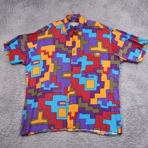 Vintage Natural Issue Felldini Shirt Mens Large Geometric Print Rayon Tetris - Picture 1 of 24