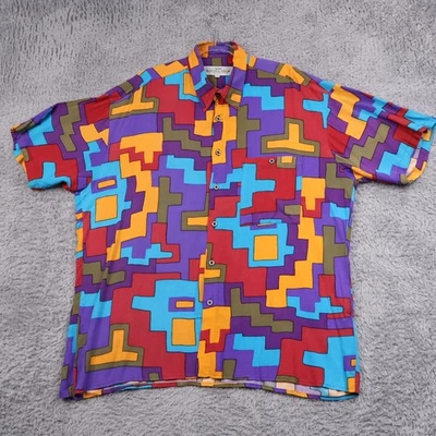 Vintage Natural Issue Felldini Shirt Mens Large Geometric Print Rayon Tetris - Image 1 of 4
