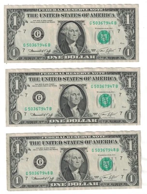 ** 1974 $1 ONE DOLLAR GREEN SEAL CONSECUTIVE SERIAL NUMBER FR.1908-G LOT OF 3 ** - Image 1 of 2