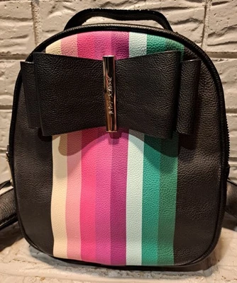 BETSEY JOHNSON Mini Backpack Black W/ Multicolored Stripes On Front & Black Bow - Image 1 of 4
