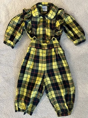 Mameluco Vintage Polly Flinders Bebé Niña Amarillo Burbuja a Cuadros 2 Piezas Conjunto 18 Meses Foto 1 de 4