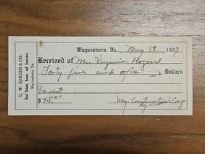 Vintage 1939 E.W. Barger & Co. Waynesboro Virginia VA Receipt - Picture 1 of 4
