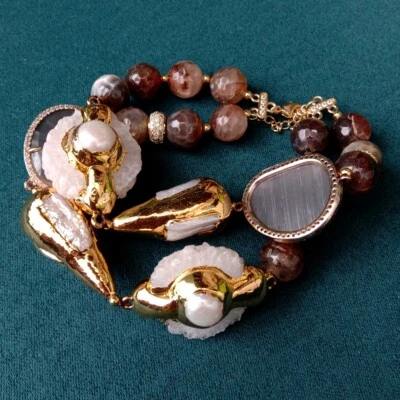 2 Strands Brown Agate White Pearl Cat Eye Quartz Druzy Slice Beaded Bracelet - Image 1 of 4