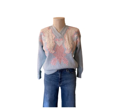 Jaclyn Smith 复古丑陋针织毛衣粉彩串珠蓝色粉红色象牙色 M 码 — 第 1/4 张图片
