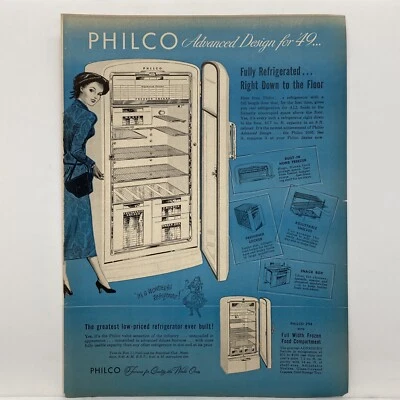 Anuncio impreso en refrigerador PHILCO 1949 diseño avanzado aparato de cocina mujer años 40 Foto 1 de 4