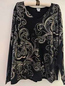 Chico's Pullover Top/Sweater Foiled Scrolls V Neck Black/Silver Sz 3 NWT Long Sl - Picture 1 of 7