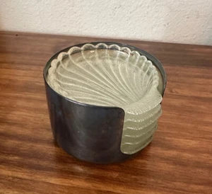 Vintage Wm Rogers Glass Shell Coaster Set of 6 in Silverplate Holder - Picture 1 of 4