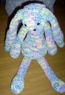 Hand crocheted pastel multicolor toy stuffed bunny, matching items listed      a - Image 1 of 4