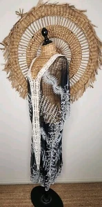 Isabella Boho Black Mesh Embroidered Kaftan Dress Free Size BNWT Gypsy - Picture 1 of 15