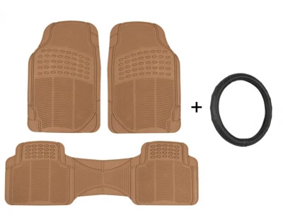 All Weather Car Floor Mats + Leather Steering Wheel Cover Set Universal Fit - Image 1 of 4