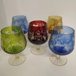 Bohemian Czech Cut to Clear Crystal Brandy Snifter Glasses |Red Blue (2) Amber - Picture 1 of 9