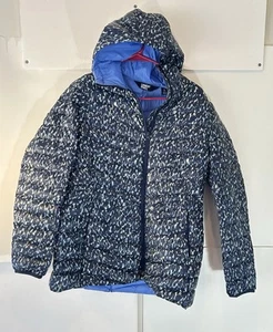 Lands End Geometric Blue Feather Insulated Puffer Hood Jacket Junior’s Sz S 6-8 - Picture 1 of 8