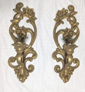 Vintage HOME INTERIORS Gold Ornate Wall Sconce Candle Holders Pair Of 2 - Picture 1 of 4