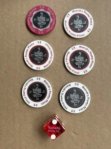 6 Harrah's Trump Plaza Casino Atlantic City $5,$1 Gaming Token Chips Used Dice - Picture 1 of 10