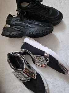 NICE BLACK SILVER LADIES GIRL 2x BUNDLE CHUNKY TRAINERS SIZE UK 3 UK 36 USED ONC - Picture 1 of 7