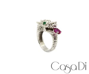 Drachen Ring Unikat  Brillanten/Rubin /Smaragde 750 18K Weißgold Gr 53 - Bild 1 von 5