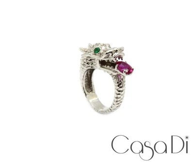 Drachen Ring Unikat  Brillanten/Rubin /Smaragde 750 18K Weißgold Gr 53 - Bild 1 von 4