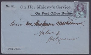 1896 2 1/2d Jubilee SG 201 OHMS On Post Office Business to Antwerp Belgium VFU - Picture 1 of 2