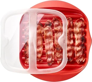 Red Microwave Bacon Cooker with Cover - Single Tray Crispy Maker in - Picture 1 of 8