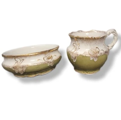 Редкая зеленая и золотая чаша и мини-кувшин начала 1900-х - Изображение 1 из 4